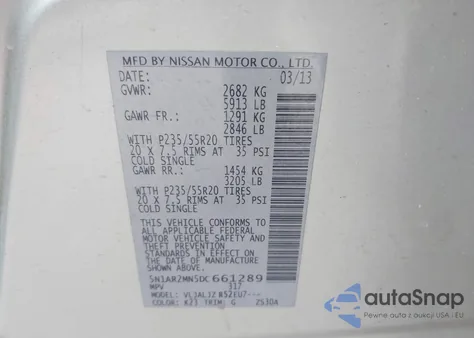 2013 Nissan Pathfinder Platinum from USA, damaged, VIN 5N1AR2MN5DC661289